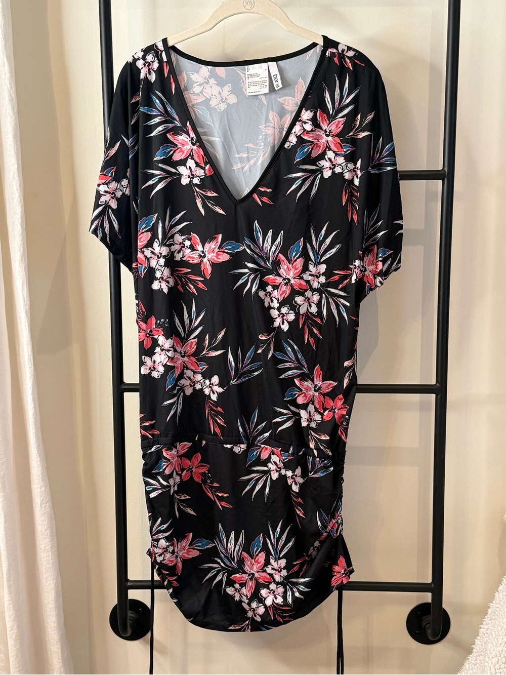 Bar III Black Floral Swim Cover-Up with Pink & Blue Accents